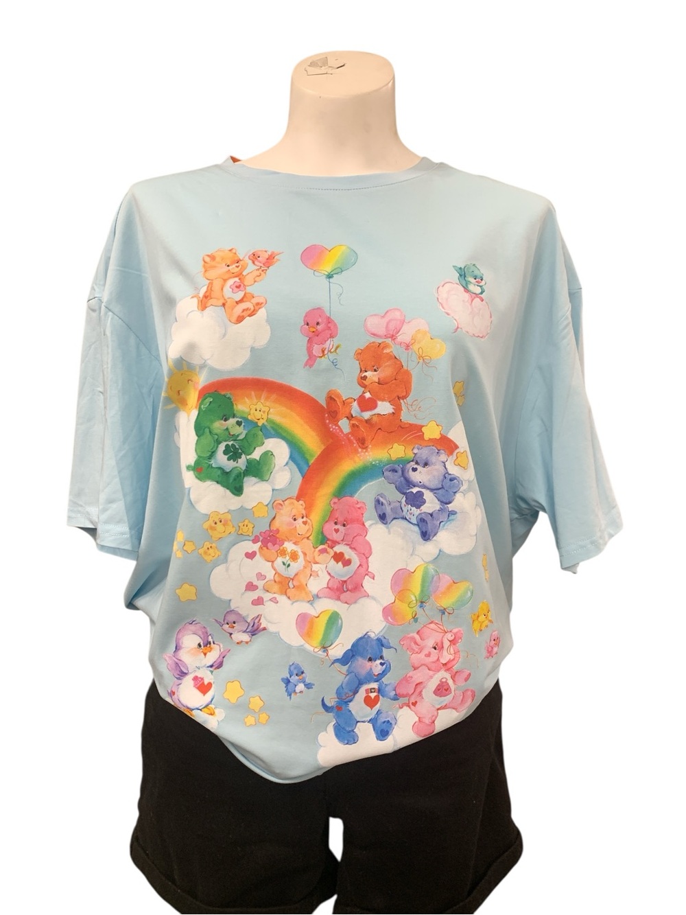 Care Bears NWT Pastel Blue Tee with Rainbow & Multicolor Bear Graphics Size L